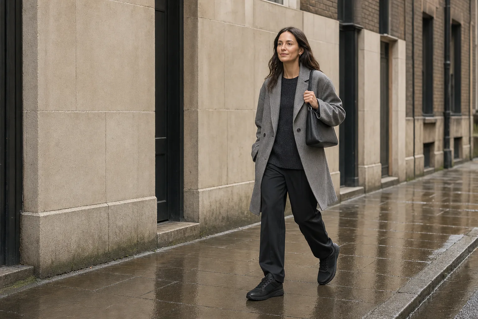 Original ORVEIL city study with a dark shoulder bag and low black sneakers