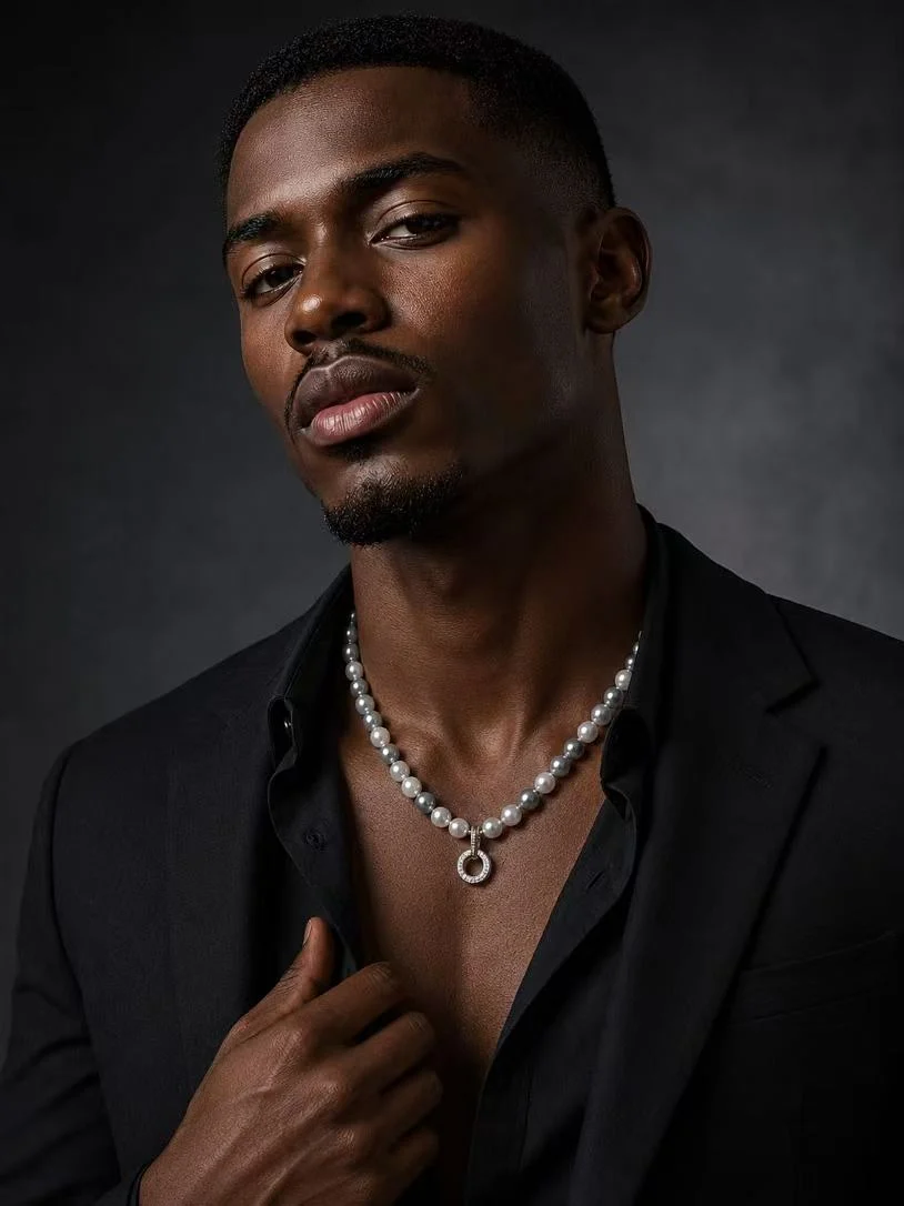 Model in dark tailoring wearing a white beaded necklace with a circular pendant