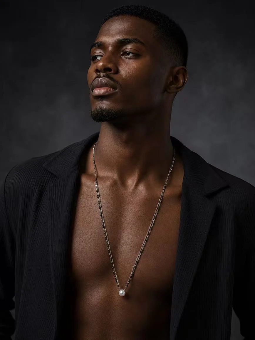 Model in dark layers wearing a long necklace with a light-colored pendant